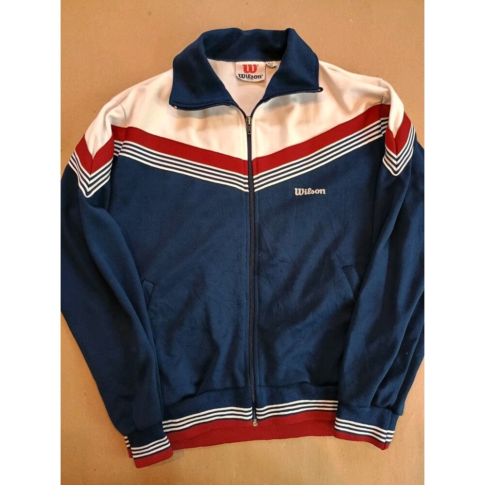 Vintage Wilson Track Jacket Mens Medium Navy White Red Athletic Zip Up Retro